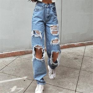 Mode y2k streetwear hög midja hål bryta raka denim byxor kvinnor avslappnade mångsidiga breda ben jeans med fickor 240417