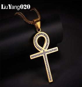 Iced Zircon Ankh Necklace Pendant The Key of the Nile Gold Color Stainless Steel Chain For Men Jewelry Egyptian Cross Hip Ho7597283