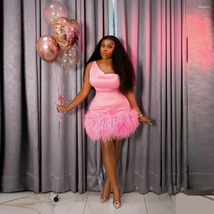 Party Dresses Pink Feathers Cocktail With One Shoulder Mini Women Aso Ebi Prom Dress Birthday Gowns