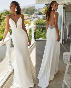 Sexy Long Crepe V-Neck Spaghetti Straps Wedding Dresses Mermaid Ivory Illusion Back Sweep Train Bridal Gowns for Women