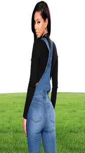 2019 Nya kvinnor denim overaller rippade stretch dungarees hög midja långa jeans blyerts byxor rompers jumpsuit blå jeans jumpsuits j19587871