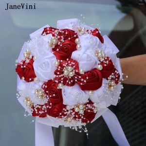 結婚式の花Janeviniエレガントなバーガンディホワイトリボンウエスタンブライダルブーケの真珠を花嫁用