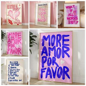 Maximalist More Amor Por Favor Colorful Eclectic Pink Love Quote Wall Art Canvas Painting Poster For Living Room Home Decor 240408