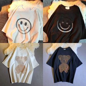 Fashion T-shirt Top Women's Summer Loose Heavy Industry Hot Drilling Bear Halfsleeved Tshirt Women Mxxl J230215