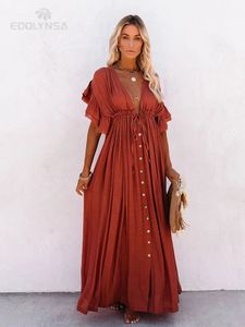 2024 Sommer Womens Chic Elegant Ruffle Edge Plus Size Cardigan Kleid sexy v Hals Beach Kleidung Maxi Kleider Tunika Outfits Q1208 240411