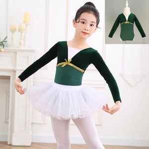 Stage Wear Girls Green Long Sleeved Golden Velvet Dance Training Clothes Kids Gymnastics Ballet Leotard Dress Costumes