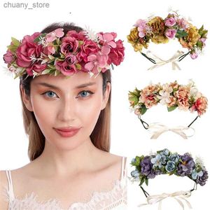 Headbands New bridal headdress Bohemian Flower Crowns Beach Hawaii Floral Garland Romantic Faux Rose Wedding Wreaths New Flower Headband Y240417