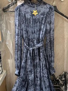 Casual Dresses 2024 High Quality Silk Grey Blue Pink Print Pleat Belt Half Collar Spring Summer Clothes Midi Dress