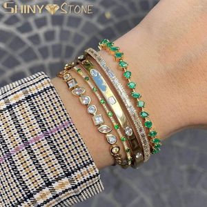 Связанные браслеты золотой цвет круглое капля капля Bling Cz Prong Set Tennis Chain Green Stone Paved Charm Высококачественный разданый браслет