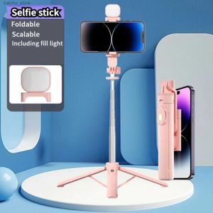 Selfie Monopods Portable Bluetooth Selfie Stick 360-graders roterande gimbal fjärrcelltelefoner avtagbar stativ infällbar med LED-fyllningslampor Y240418