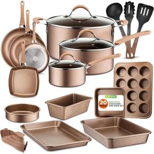 Köksredskap sätter metalliska nonstick keramik och bakprogram med kastrull stekpannor kokkrukor ugns kruka lock brons (20 pack)