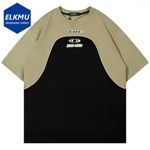 Erkek Tişörtleri Renk Patchwork T-Shirts 2024 Erkekler Vintage büyük boy Harajuku Gömlek Sokak Giyim Hip Hop Gevşek Pamuk Pamuk Tshirt Y2K Üst Tees