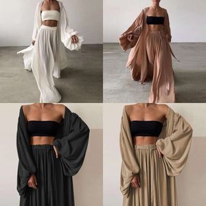 Women Sexy Three Sets Fashion Casual Wrap Solid Tops and Wide Leg Pants Suits Elegant Soft Female 3 Piece Outfits