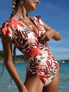 Vintage Print Women Swimsuit One Piece Zipper Ruffle Szybkie odzież SKUNKA SKAWSKIE WYSOKIE CUT MONOKINI Kąpy Surf Beachwear 240412