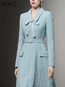 Ucxq elegante law law law spliced belt designer tweed blazer vestidos para mulheres vestido de noite de temperamento outono 23a4630 240407