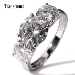 TransgeMs 14K Gold branco 5ctw Centro 3CT 9mm e 1Ct 65mm F Moissanita de cor três anel de noivado de moissanita de pedra para mulheres Y193247941