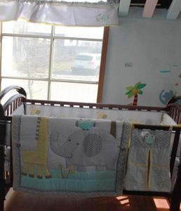 Whole Baby bedding set 7Pcs Crib bumper set cotton Cot bedding set Embroidery owl elephant giraffe Bumper Skirt Mattress Cover9906073