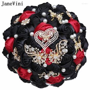 Flores de casamento Janevini vintage preto vermelho cetim buquês para pérolas em forma de coração Rhinestones Bride segurando Ramo de Novia