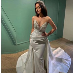 Overskirt Wedding Dresses Simple Satin Sequins Beaded Gowns Lace-up Back With Detachable Train Mermaid Bride Vestidos De Novia YD