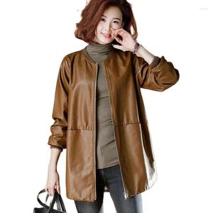 Kvinnors läder mitt - lång kappa kvinnlig 2024 Spring Autumn Korean version av Loose Match Slimming Pu Baseball Jacket Top Tide