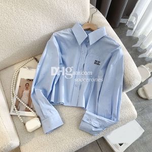 Het Letter broderad blus beskärda kvinnor t -skjorta trendig pärlstoppar lapel enkla skjortor