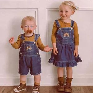 Summer Children Denim Set Brodery Rainbow Baby Romper Sister Brother Match Clothes Girls Dresses 240327