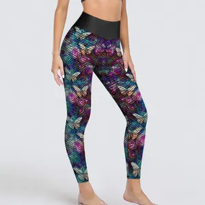 Женские леггинсы бабочка для печати брюки йога сексуально синий и фиолетовый дизайн с высокой талией леггинс Lady Funny Elastic Sports колготки