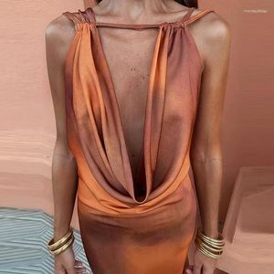 Casual Dresses Summer Tie-Dyed Backless Party Long Dress Women Sexig Scarf V-ringen Slim Evening Elegant 2024 ärmlösa ruffles