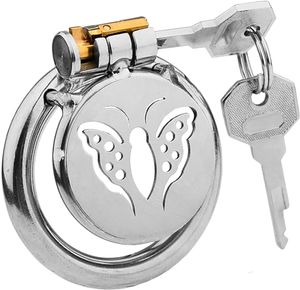 Chastity Cage Metal Dark Lock Male Butterflies Flat Cock Cages with Urethral Catheter Design BDSM Bondage Penis Lock Sex Toys for Couples (45mm Ring)