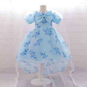 Flickaklänningar 2024 Blue 1st Birthday Party Dress for Baby Girls Toddler Bow Fashion Princess Prom klänning Spädbarn Floralkläder Evening Ball