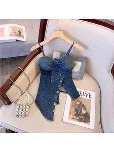 Womens Dark Blue Denim Crop Top Fashion Gest di jeans Extetics Sleeveless Off spalla Y2K Cowboy Tops 2000 Abiti 2024240416