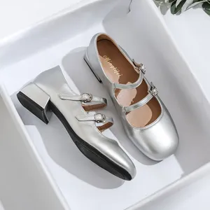 Casual Shoes Double Buckle Belt Mary Janes Pumps Woman Square Toe Thick Low Heel Work Silver Leather Tacones Mujer Big Size 43