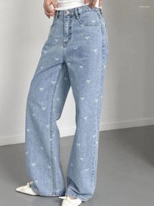 Kvinnors jeans harajuku vintage designkänsla raka kvinnor vår casual hög midja byxor kvinnlig lös båge streewear breda benbyxor