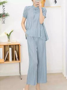 Women's Two Piece Pants LANMREM Women Casual Pleated Set Short Sleeves Stand Collar Shirt With Loose Ankle-Length 2024 Summer 2Z1026