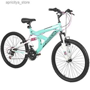 Bikes Vertical Dual Suspension Mountain Bike Girls 24 Inch Wheels with 18 Speed Grip Shiter and Dual Hand Brakes in Teal and Pink L48