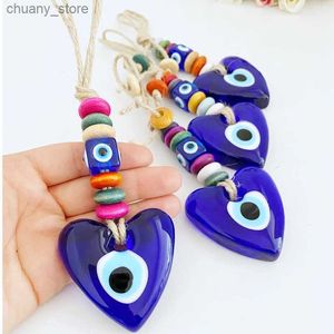 Keychains Lanyards Lucky Eye Glass Star Heart Shape Pendant Wall Hanging Keychain flätat rep Evil Eye Pärla Key Chain Car Keyring for Women Gift Y240417