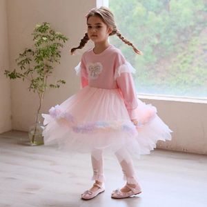 Mädchenkleider Mode Herbst Baby Girls Prinzessin Pink Fliegende Ärmel Bowknot Druck Patchwork Gaze Tutu Röcke