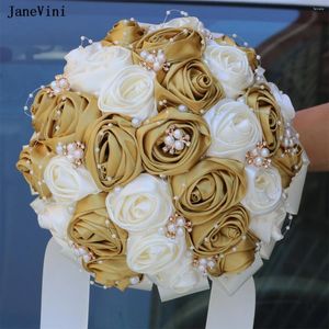 Wedding Flowers JaneVini Elegant Light Gold Ivory Bridal Bouquets With Pearls Artificial Satin Roses Bouquet Ramo Boda Novia