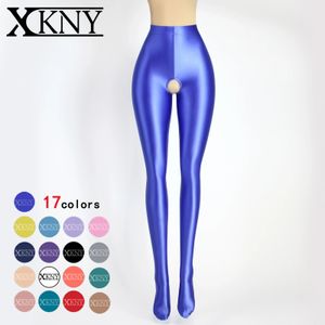 XCKNY satin glossy Open crotch pants oil High elasticity tights opaque pantyhose sexy silky slim high yoga swim sport pants 240408