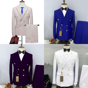 Suits Men's Men Casual Double Breasted Solid Color Business Slim 2 PCS Suit Pants Set Metal Buckle Dress Coat Blazers Jacket byxor