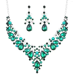 Chains FORWOMLM Jewelry Set For Women 1 Green Pearl Crystal Necklace And Dangle Earrings