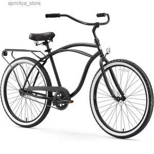 Cyklar Mens Beach Cruiser Bike Sing Speed ​​Steg-Through Touring Hybrid Bicyc med bakre rack 26 tum hjul Matt svart L48