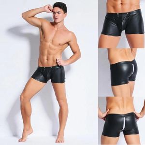 Underpants Sexy Underwear Men Leather Tights Short Pants Open Crotch Buckle Zipper Teddy Lingerie Male Panties Erotic Gay