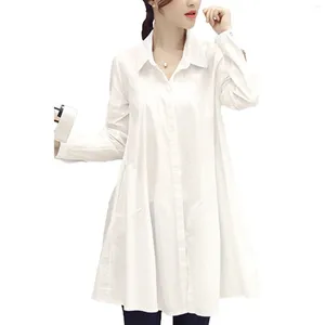女性のブラウス韓国人ホワイトロングシャツ女性春の夏のブラウスブラザスエレガントオフィスレディースソリッドベーシックシャツ因果プリーツプリーツ