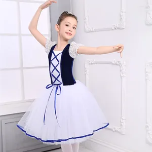 Scene Wear White Romantic Tutu Giselle Ballet Costumes Girls Child Velet Long Tulle Dress Skate Ballerina Kort ärm spetsar