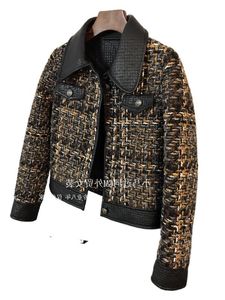 Women PU leather patched jacket tweed woolen desinger short coat turn down collar plus size SMLXL