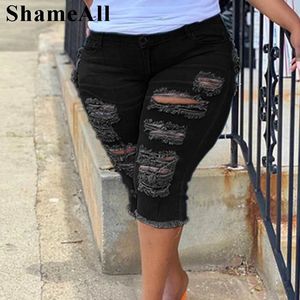 Frauen Plus Size Street Fringe Ripped Stretch Skinny Black Denim Shorts Summer Sexy Club Party High Tailled Short Jeans Hosen 240409