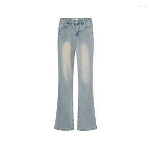 Jeans feminino azul angustiado cintura alta slim mini flare primavera outono calça casual feminina feminina de jeans sino de sino