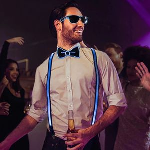 Mens Light Up LED Suspenders Bow Tie Unisex Elastic Adjustable Pants Suspender Illuminated Led For Music Festival Costume Party 240418