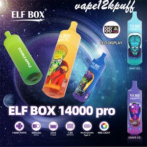 Elf Box 14000Puff engångs e-cigarett, puff14k mesh spole som kan laddas för 600 mahe cigaretter. 14 kpuff med färgade lampor längst ner, 0% 2% 3% 5% Vaper
